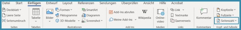 Screenshot zum Einfügen von Seitenzahlen in Word