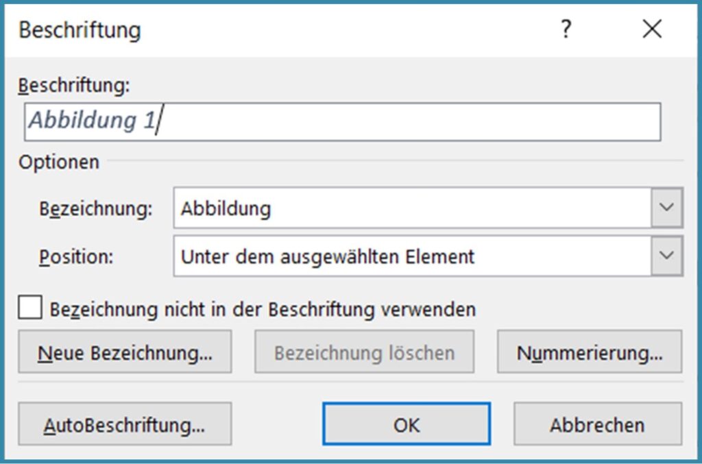 Screenshot zum Einfügen von Beschriftungen in Word