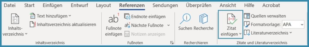 Screenshot zum Einfügen von Zitaten in Word