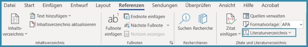 Screenshot zum Einfügen eines Literaturverzeichnisses in Word