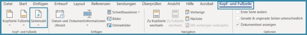 Screenshot zum Einfügen von Seitenzahlen in Word