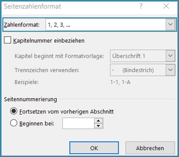 Screenshot zum Formatieren von Seitenzahlen in Word