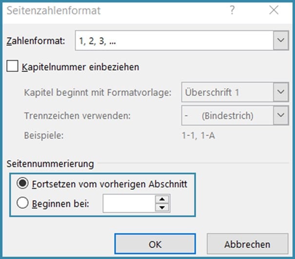 Screenshot zum Formatieren von Seitenzahlen in Word