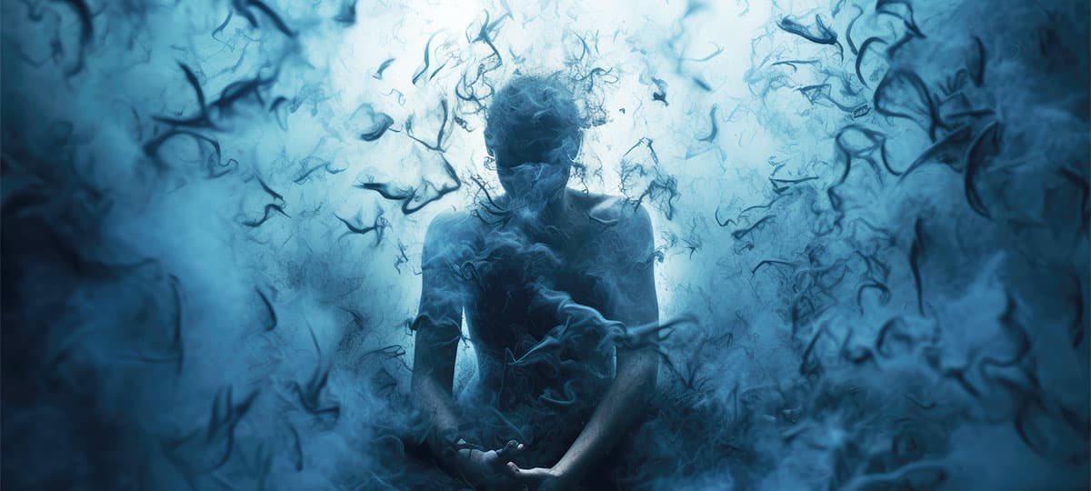 Mensch in Nebel, nachdenklich und verloren.